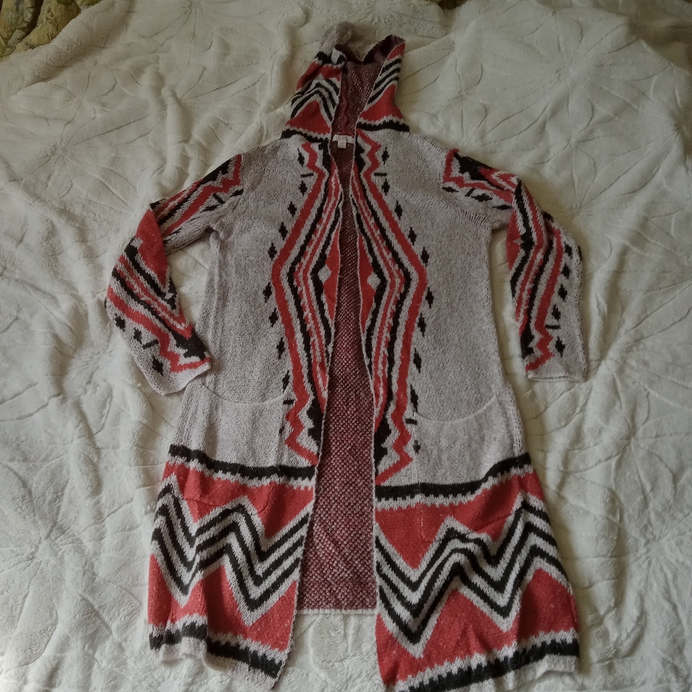 Sun & Shadow South Western Geometric Patterned Hooded Sweater - Orange and Black